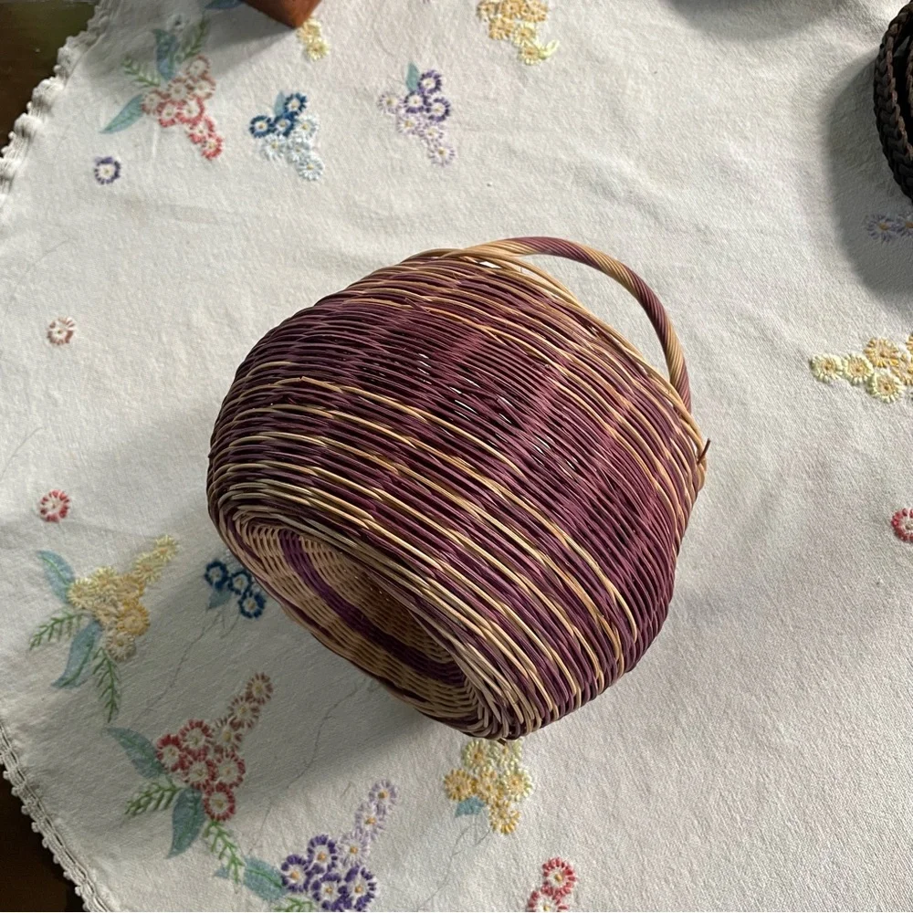 Vintage Hand Woven Round Reed Basket. Purple and Natural Color Striped. 9